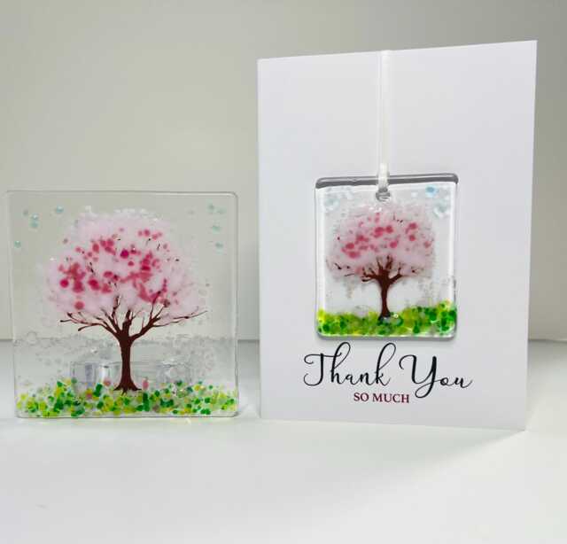"Cherry Blossom Glass Gift Set - Tealight Holder & ""Thank You" - image 1