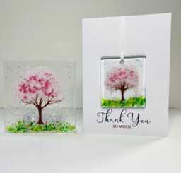 "Cherry Blossom Glass Gift Set - Tealight Holder & ""Thank You"