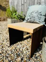 Corten Steel Cube Garden Stools Chairs With Oak Slats - thumbnail 1