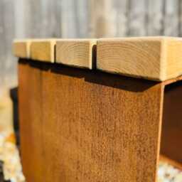 Corten Steel Cube Garden Stools Chairs With Oak Slats - thumbnail 2