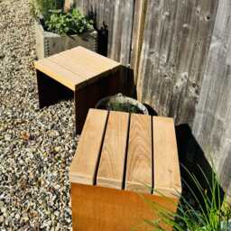 Corten Steel Cube Garden Stools Chairs With Oak Slats - thumbnail 3