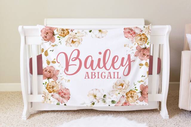 Floral Personalized Baby Blanket, Custom Shower Gift, Nursery Crib Hospital - image 1
