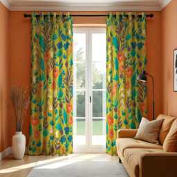 Retro Floral Print Curtains, Mustard Yellow Botanical Drapes, Colorful Flower Mid Century Window Panels, Custom Made To Measure Curtains - thumbnail 1