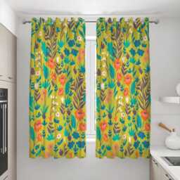 Retro Floral Print Curtains, Mustard Yellow Botanical Drapes, Colorful Flower Mid Century Window Panels, Custom Made To Measure Curtains - thumbnail 3