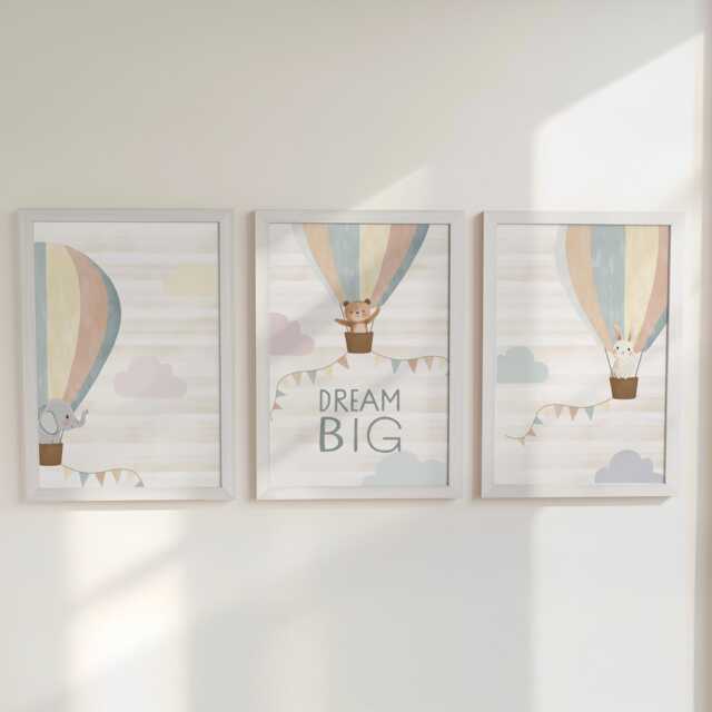 Hot Air Balloon Nursery Wall Prints, Set Of 3, Gender Neutral Boho Cute Animals, Framed Bedroom Decor, Gift For Kids Room, Playroom Posters - image 1