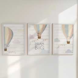 Hot Air Balloon Nursery Wall Prints, Set Of 3, Gender Neutral Boho Cute Animals, Framed Bedroom Decor, Gift For Kids Room, Playroom Posters - thumbnail 1
