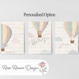 Hot Air Balloon Nursery Wall Prints, Set Of 3, Gender Neutral Boho Cute Animals, Framed Bedroom Decor, Gift For Kids Room, Playroom Posters - thumbnail 2