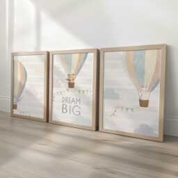Hot Air Balloon Nursery Wall Prints, Set Of 3, Gender Neutral Boho Cute Animals, Framed Bedroom Decor, Gift For Kids Room, Playroom Posters - thumbnail 3