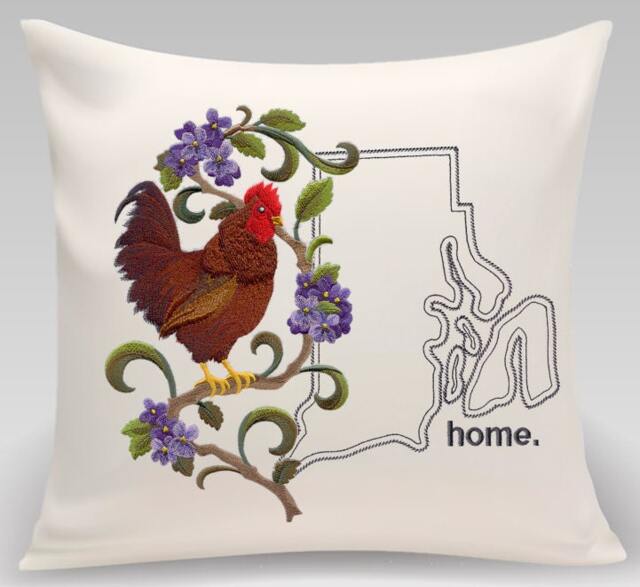 Embroidered Rhode Island Pillow, Chicken & Violet Design - image 1