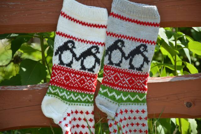 Personalized Christmas Stocking Hand Knitted Gift Decoration Gray & White With Penguins - image 1