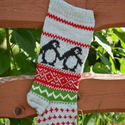 Personalized Christmas Stocking Hand Knitted Gift Decoration Gray & White With Penguins - thumbnail 3