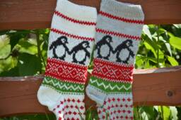 Personalized Christmas Stocking Hand Knitted Gift Decoration Gray & White With Penguins - thumbnail 1