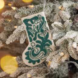 Mini Green Stocking Ornament, Hand-Embroidered Christmas Holiday Charm, Hand-Stitched Traditional Festive Decor - thumbnail 2