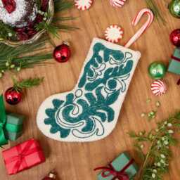 Mini Green Stocking Ornament, Hand-Embroidered Christmas Holiday Charm, Hand-Stitched Traditional Festive Decor - thumbnail 1