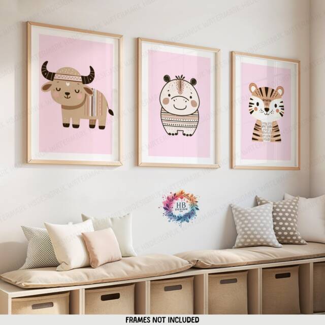 Safari Nursery Decor - Set Of 3 Boho Posters - Kids Playroom Wall Art Cute Animal Designs Pink Coloured Prints Boys Girls Bedroom - image 1