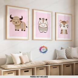 Safari Nursery Decor - Set Of 3 Boho Posters - Kids Playroom Wall Art Cute Animal Designs Pink Coloured Prints Boys Girls Bedroom - thumbnail 1