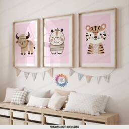 Safari Nursery Decor - Set Of 3 Boho Posters - Kids Playroom Wall Art Cute Animal Designs Pink Coloured Prints Boys Girls Bedroom - thumbnail 2