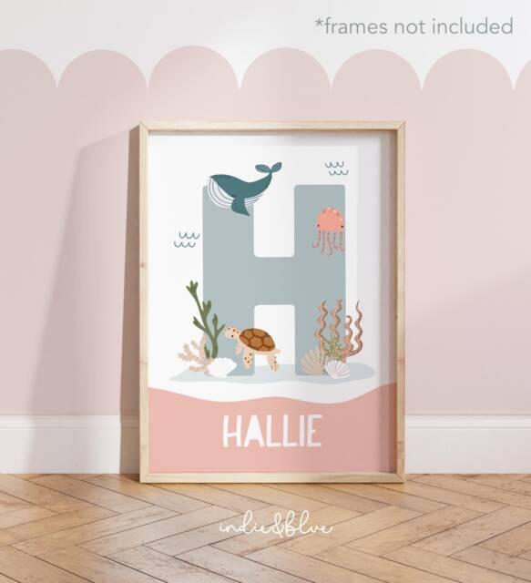 Personalised Sea Animals Name Print, Girl Bedroom, Ocean Nursery Initial Print - image 1