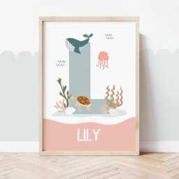 Personalised Sea Animals Name Print, Girl Bedroom, Ocean Nursery Initial Print - thumbnail 3