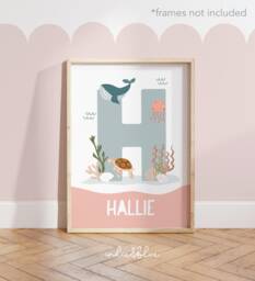 Personalised Sea Animals Name Print, Girl Bedroom, Ocean Nursery Initial Print - thumbnail 1