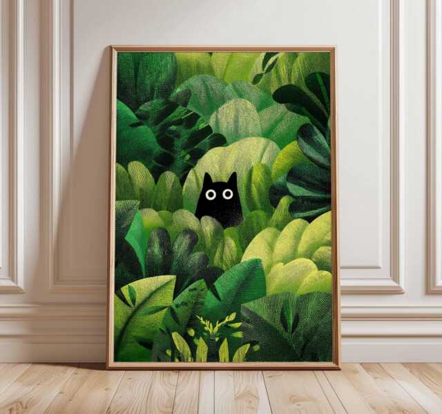 Cat Poster, Print, Botanical Wall Art, Floral Lovers Gift, Animal Feline Decor, Tropical Nature Print - image 1