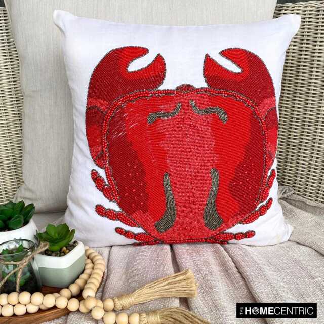 Red Beaded Sea Creatures Pattern, Cotton Linen, Beach Style Throw Pillow Cover - Crab Craze - image 1
