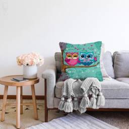 Owl Couple Throw Pillow Cover, Chenille Fabric, Double Sided Print - thumbnail 2