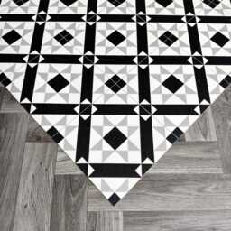 Black & White Vinyl Floor Mat, Victorian Star Tile Runner Rug - thumbnail 4