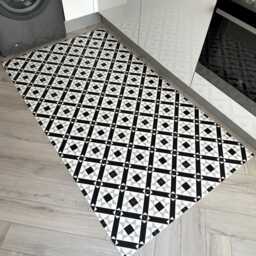 Black & White Vinyl Floor Mat, Victorian Star Tile Runner Rug - thumbnail 3