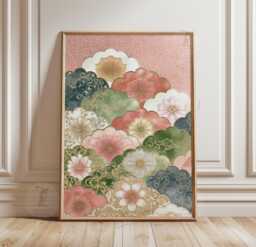 Pink & Green Floral Poster - Japanese Inspired Botanical Wall Art Vintage Pattern Illustration - thumbnail 1