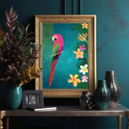Exotic Vibrant Teal Tropical Print With Pink Parrot - Maximalist Tropical-style Wall Art - thumbnail 3