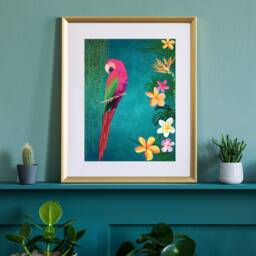 Exotic Vibrant Teal Tropical Print With Pink Parrot - Maximalist Tropical-style Wall Art - thumbnail 1