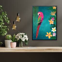 Exotic Vibrant Teal Tropical Print With Pink Parrot - Maximalist Tropical-style Wall Art - thumbnail 2