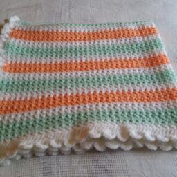Crochet Baby Blanket, White, Light Green & Coral Gift Idea, Great Idea As House Warming Gift, New Born. Ready To Ship - thumbnail 3