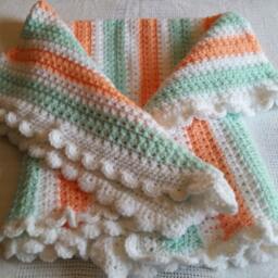 Crochet Baby Blanket, White, Light Green & Coral Gift Idea, Great Idea As House Warming Gift, New Born. Ready To Ship - thumbnail 2
