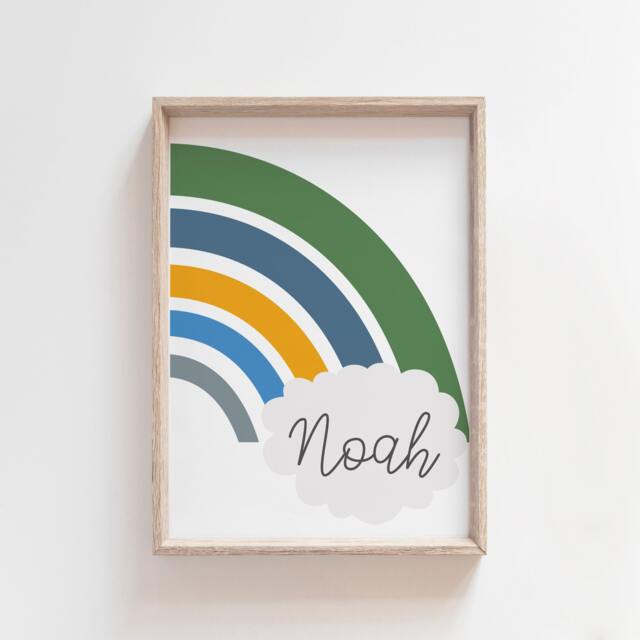 Boys Personalised Rainbow Print, Nursery Prints, Name Kids Wall Art, Bedroom Decor, Girls Art