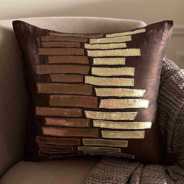 Abstract Faux Leather Appliqu?? Pattern, Brown Art Silk, 24x24/26x26 Modern Euro Sham - Metallic Ladder - image 1