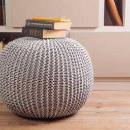 Gray Knitted Pouf, Crochet Ottomans, Knit Floor Pillow, Knitted Ottoman Round Footstool, Floor Cushion, Large Gray Pouf Stuffed - thumbnail 2