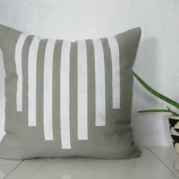 Gray Linen Pillow Cover With White Line Design/Southwestern Decorative Throw Cushion Bright Neutral Bedding Accent Stone Grey Geometric - thumbnail 2