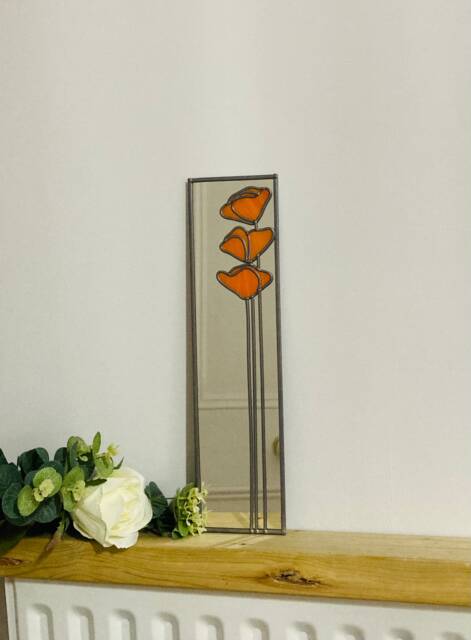 Poppy 3 in Orange Mackintosh Style Stained Glass Effect Mirror Handmade Gift Catfish Glass Art Nouveau 10x40cm - image 1