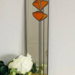 Poppy 3 in Orange Mackintosh Style Stained Glass Effect Mirror Handmade Gift Catfish Glass Art Nouveau 10x40cm - thumbnail 3