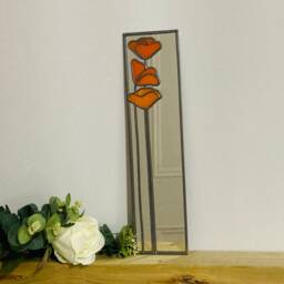 Poppy 3 in Orange Mackintosh Style Stained Glass Effect Mirror Handmade Gift Catfish Glass Art Nouveau 10x40cm - thumbnail 2