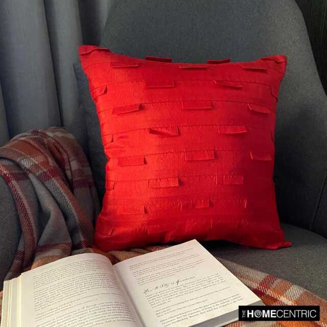 Deep Red Solid Pintuck Pattern Art Silk Throw Pillow Cover, 16x16 Modern Cushion Cover - Ocean - image 1