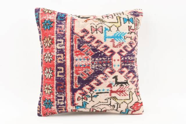 Vintage Turkish Kilim Pillow Cover Handwoven Wool Cushion - 16x16 - image 1