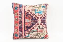 Vintage Turkish Kilim Pillow Cover Handwoven Wool Cushion - 16x16 - thumbnail 1