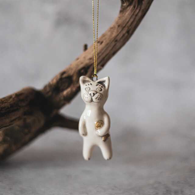 White Cat With Golden Fish Christmas Ornament Hand Painted Ceramic Kitty Tree Decoration - image 1