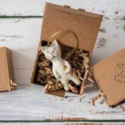 White Cat With Golden Fish Christmas Ornament Hand Painted Ceramic Kitty Tree Decoration - thumbnail 3