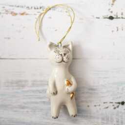 White Cat With Golden Fish Christmas Ornament Hand Painted Ceramic Kitty Tree Decoration - thumbnail 4