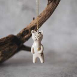 White Cat With Golden Fish Christmas Ornament Hand Painted Ceramic Kitty Tree Decoration - thumbnail 1