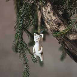 White Cat With Golden Fish Christmas Ornament Hand Painted Ceramic Kitty Tree Decoration - thumbnail 2